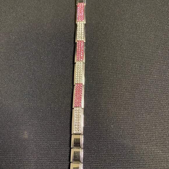 Italian Charm Pink and Clear Rhinestone Stainless Bracelet w/extra links - Picture 6 of 11